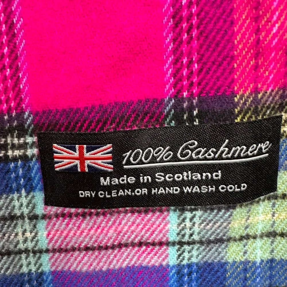 100% Cashmere Scarf Made in Scotland Pink Tartan Plaid Fringe Winter Wrap Preppy